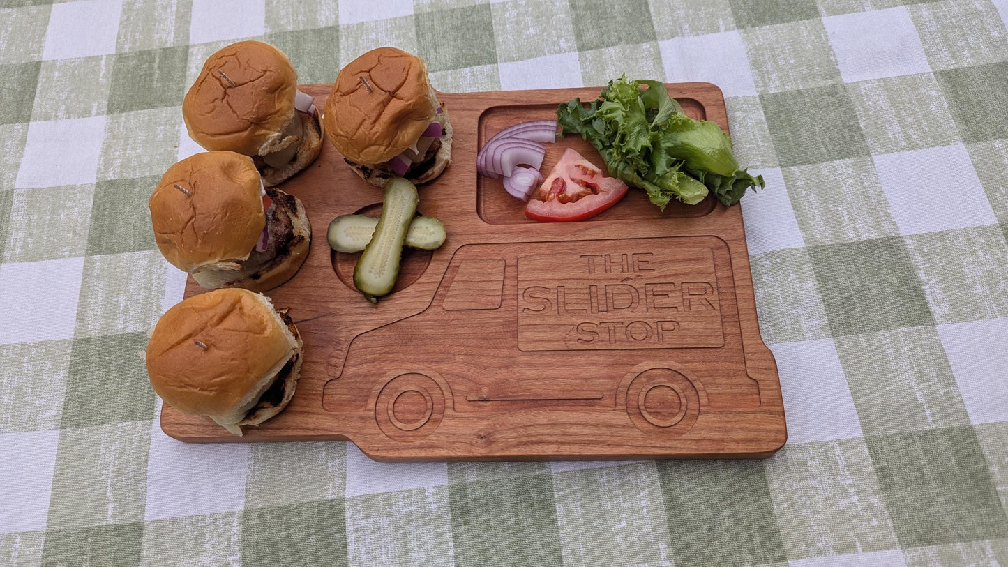 Burger Slider Tray – Hardwood Serving Board for Sliders, BBQ Appetizers, or Mini Burgers – Father’s Day or Grill Master Gift