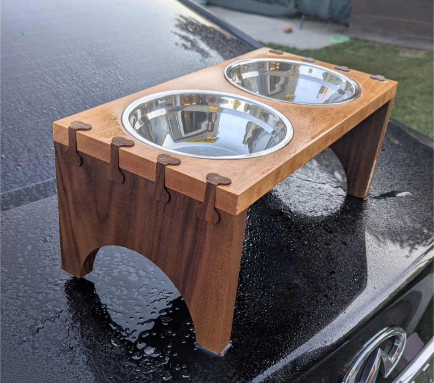 Raised Wooden Dog Bowl Stand – Bone Dovetail Joints – Includes 2 Stainless Steel Bowls