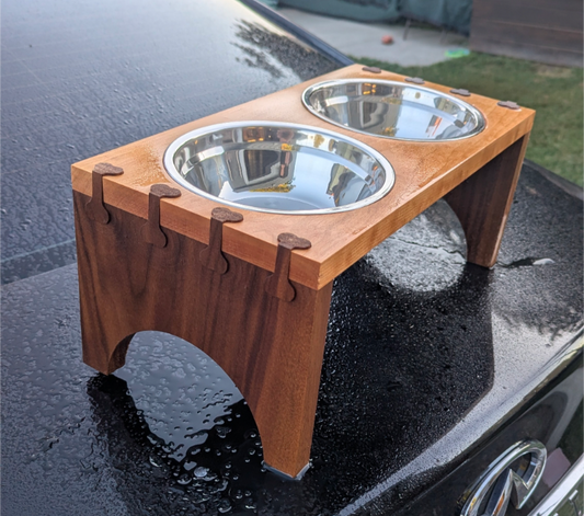 Raised Wooden Dog Bowl Stand – Bone Dovetail Joints – Includes 2 Stainless Steel Bowls